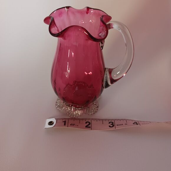 Pilgrim Cranberry Clear Ruffle Footed Glass Creamer Pitcher 4 1/4” Tall Vintage - Picture 4 of 8